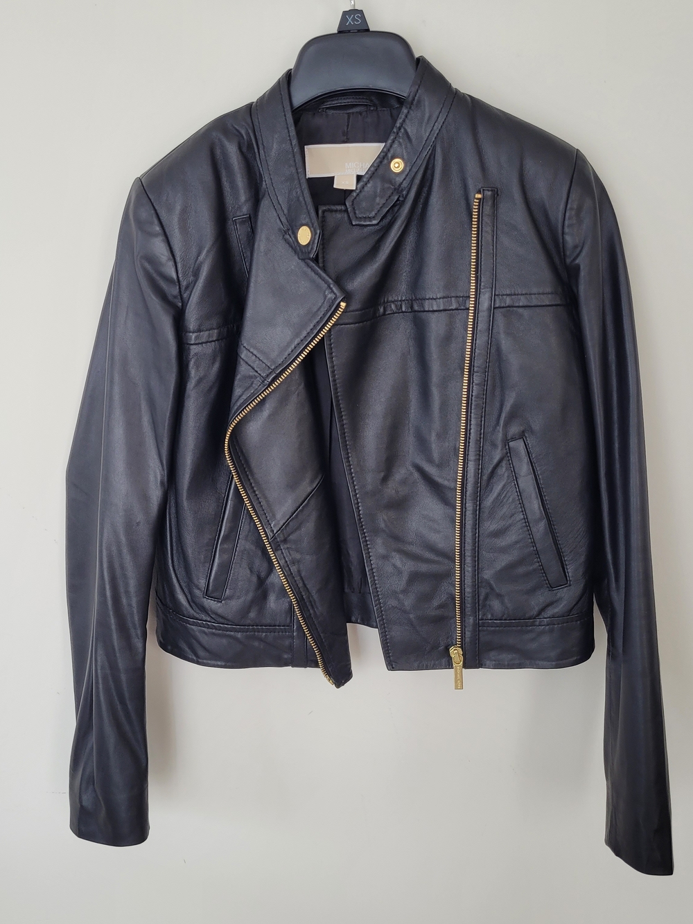 Michael Kors Black Leather Asymmetrical Zip Jacket with Gold Hardware